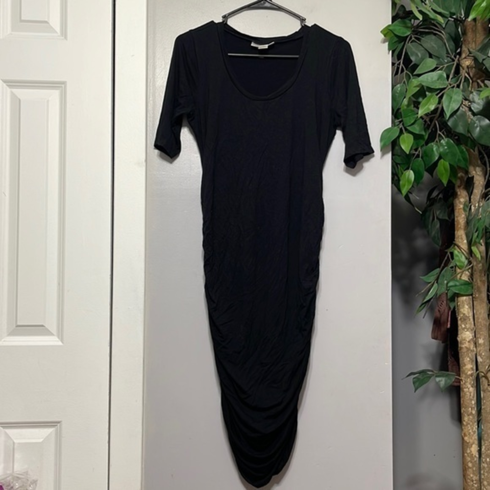 Motherhood Maternity Small Ruched Bodycon Dress Women Black‎ Short Sleeve Midi